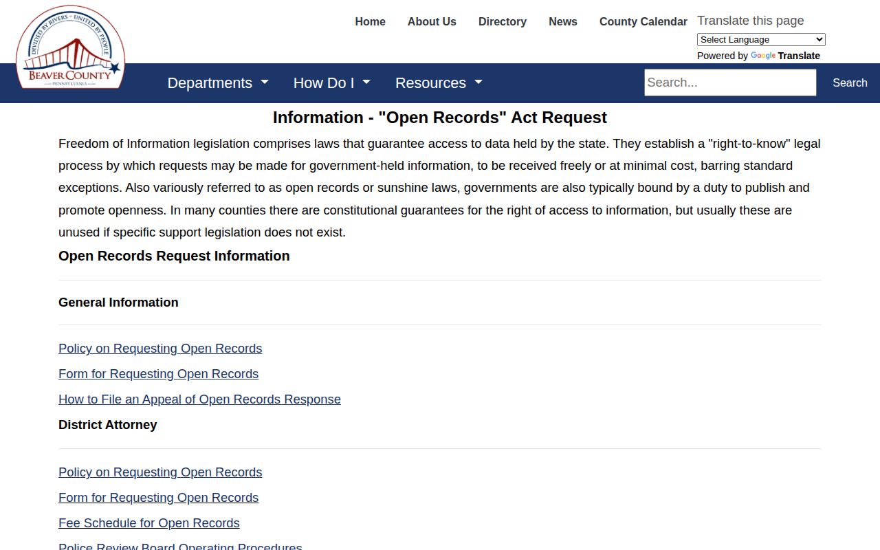 Beaver County booking photo records request options