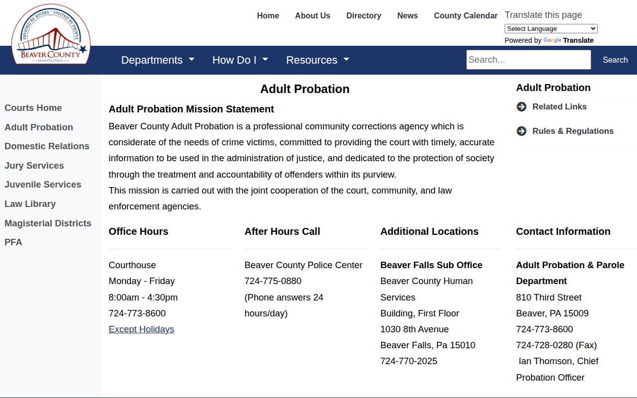 Beaver County parole and probation office contacts