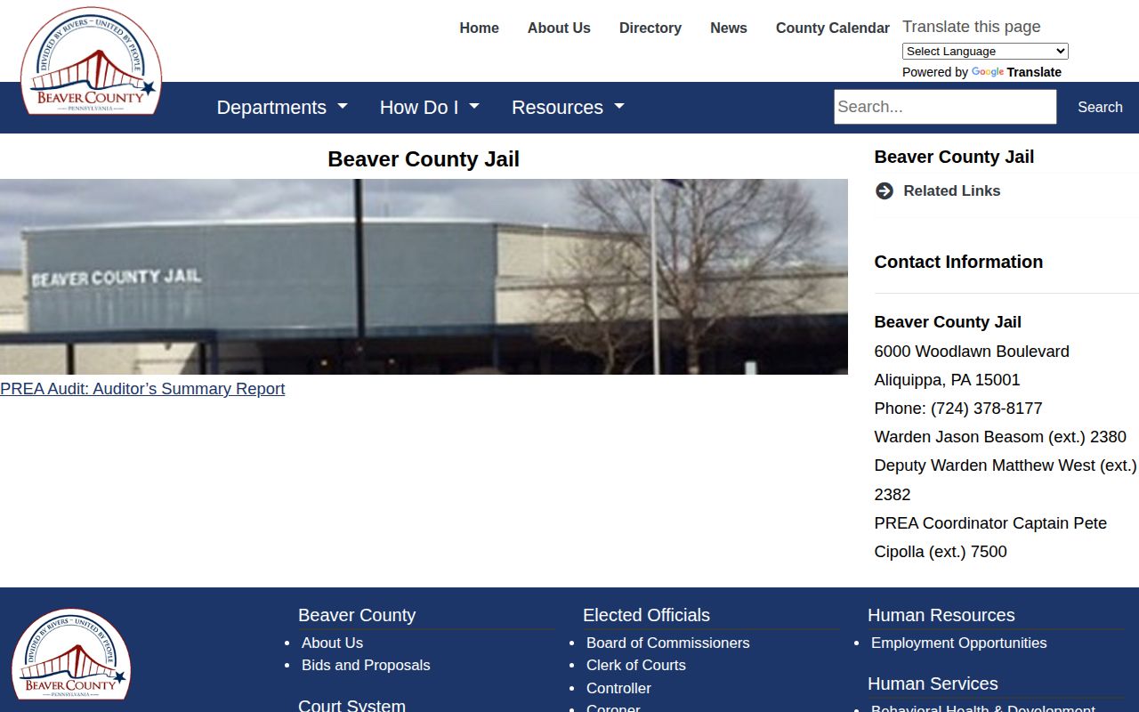 Beaver County Jail official release contact page